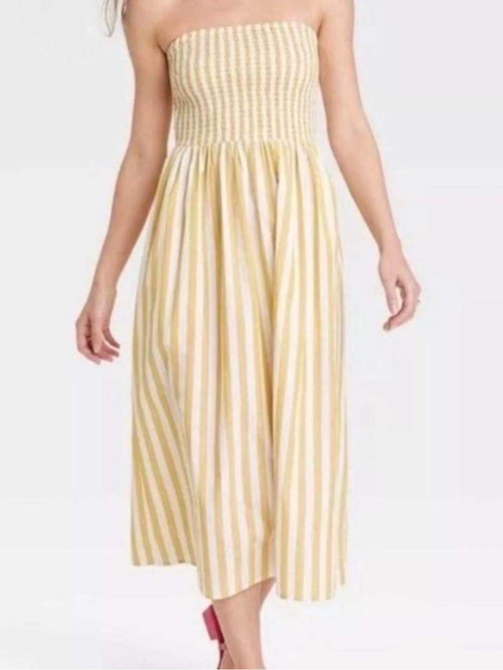 a new day Smocked Strapless Yellow and white Striped Cotton Midi Dress Sz Small